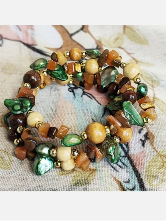 Stone Shell Wood Beaded Memory Wire Bracelet Gold Tone Mother Nature Organic EUC - Picture 1 of 8